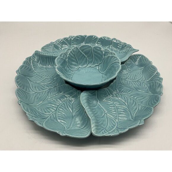 California Pottery 4 piece Turquoise Chip and Dip Set Made in USA MCM Serveware - Picture 5 of 15